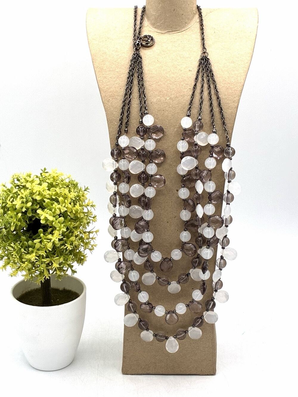 Trifari CREAM Tag Multi‑Strand Bead Necklace White Smoky Gray Crown Charm